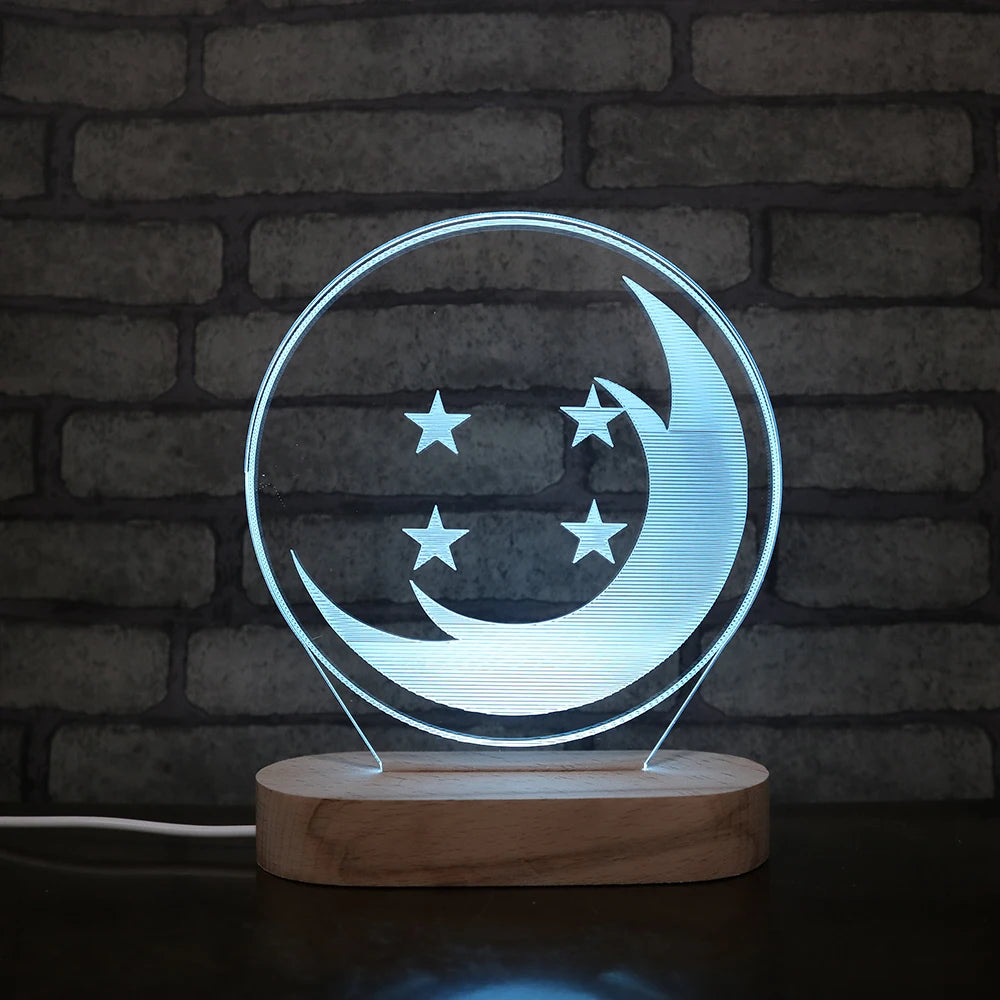 Lovely Star and Moon Style 3d Optical Illusion Led Wood Base Lamp Business Gift Lamp