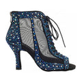 New Arrival Women's Professional Latin Salsa Ballroom Dance Shoes 7cm Heel Black Satin Rhinestone Lining Suede Jazz Dance Shoes