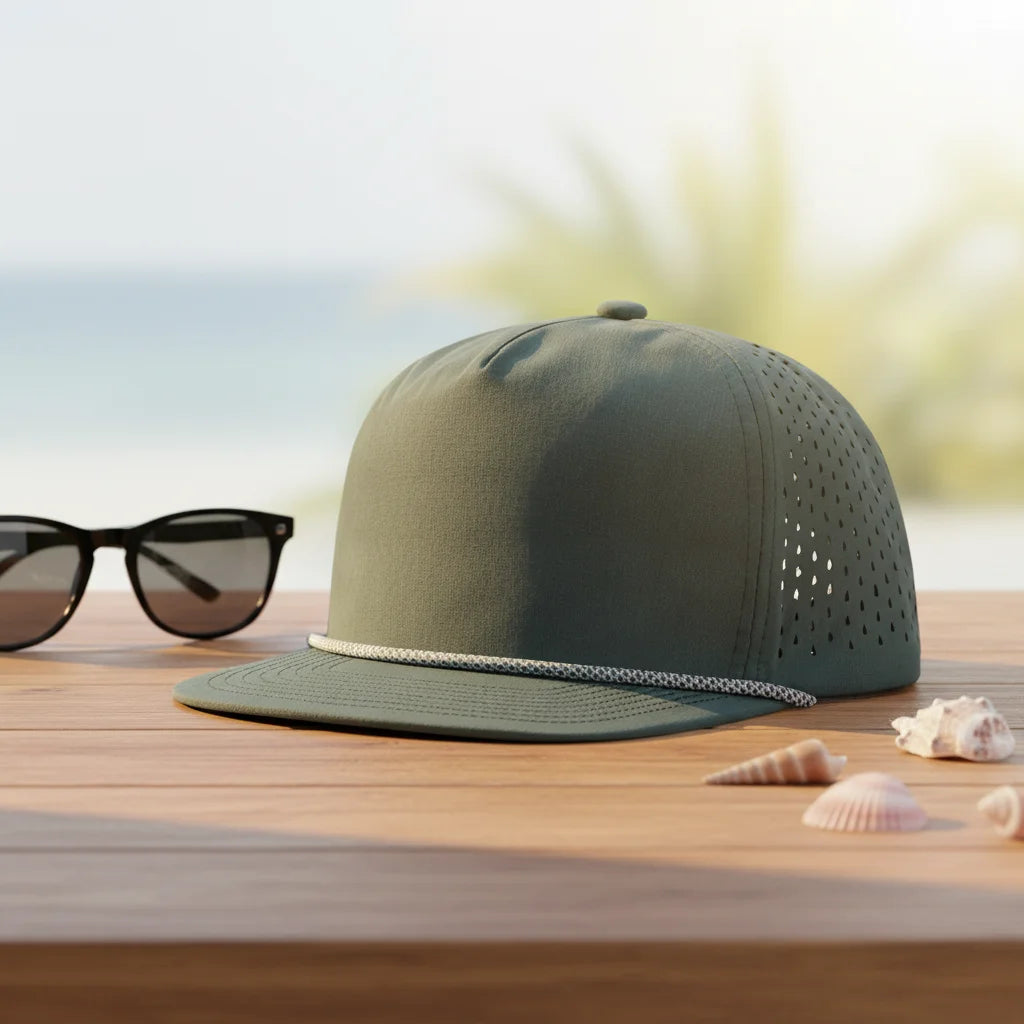Performance 5-Panel Polyester Rope Hat Golf Hiking Waterproof Breathable Quick Dry Tech Perforated Snapback Fit Baseball Cap