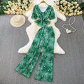 Lotus Leaf V-neck Short Sleeved T-shirt and High Waist Printed Chiffon Straight-leg Wide-leg Pants Two-piece Set
