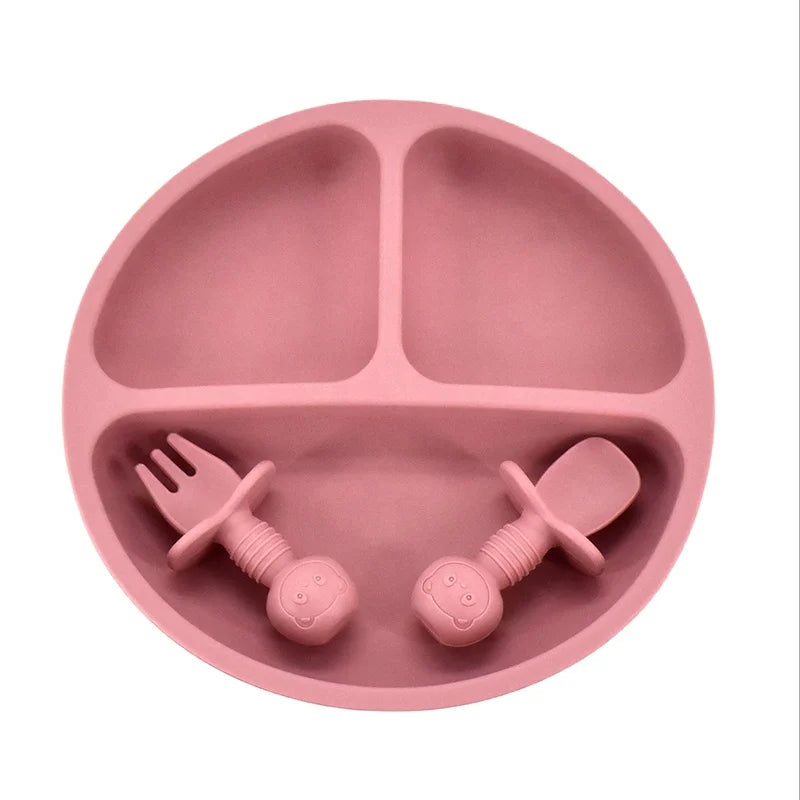 Silicone Suction Plate for Baby Divided Unbreakable Toddler Plate Baby Food Plate with Spoon and Fork Non-Slip BPA Free