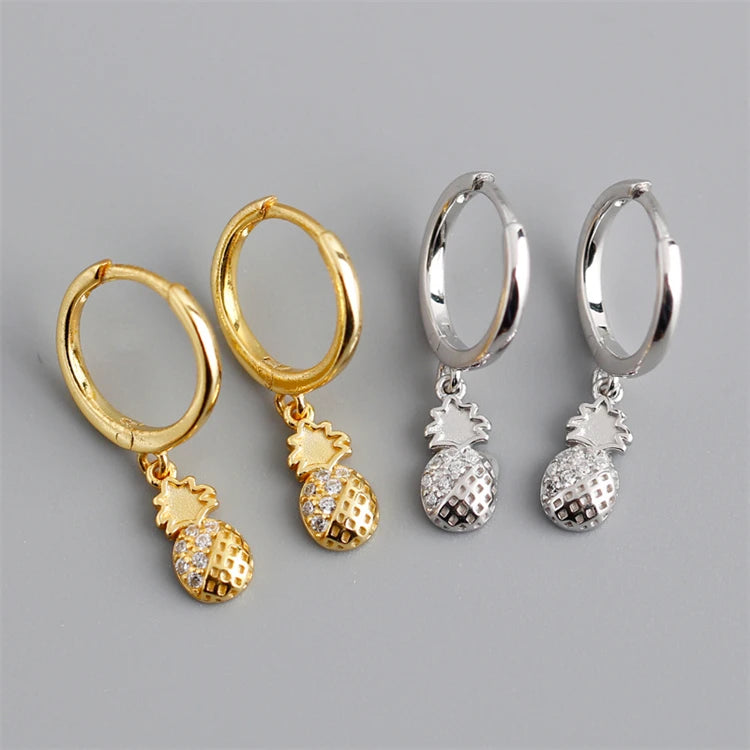 Fine 18k Gold 925 Sterling Silver Pineapple Fruit Pendant Zircon Hoop Earrings for Women