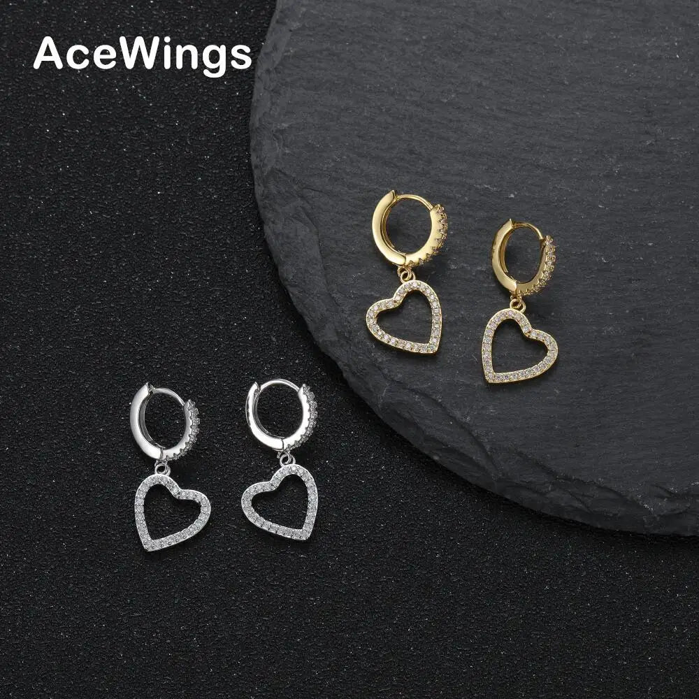E028 Gold Plated Heart Shape Hip Hop Bling Bling Zircon Charm Earrings Brass Setting Iced Out