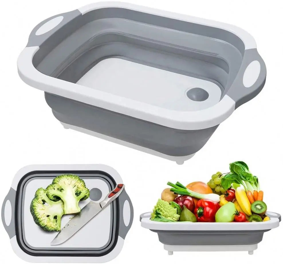 Collapsible Cutting Board with Colander and Drain Sink Storage Basket
