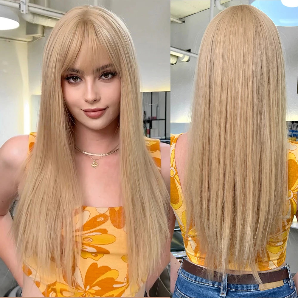 Factory Fast Delivery Light Blonde Long Straight Synthetic Wigs With Bangs for Women Wigs Heat Resistant Natural False Hair Wigs