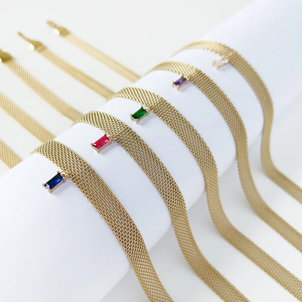 New Design Stainless Steel Titanium Clavicle Chain Zircon Stone Pendant Jewelry Gold Mesh Choker Necklace