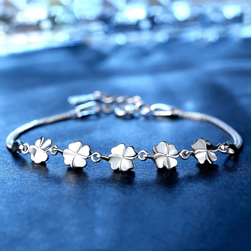 Fine Lucky Jewelry 925 Sterling Silver Rhodium Plated Four-leaf Clover Bracelet for Women Gift