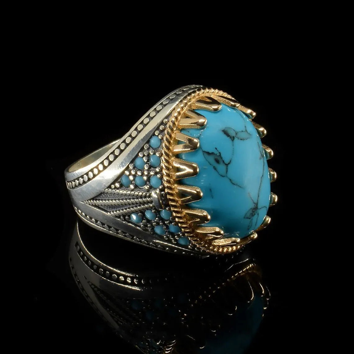 Retro Turquoise Stone Jewelry Inlaid Onyx Ring Gift Men Domineering Rings Party Cool Style Turkey Ring
