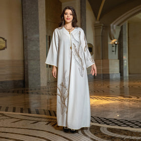 New Style Beautiful Fashion Muslim Dress V-Neck Sequin Design Long Dress Loose Sleeves Femmes Abaya