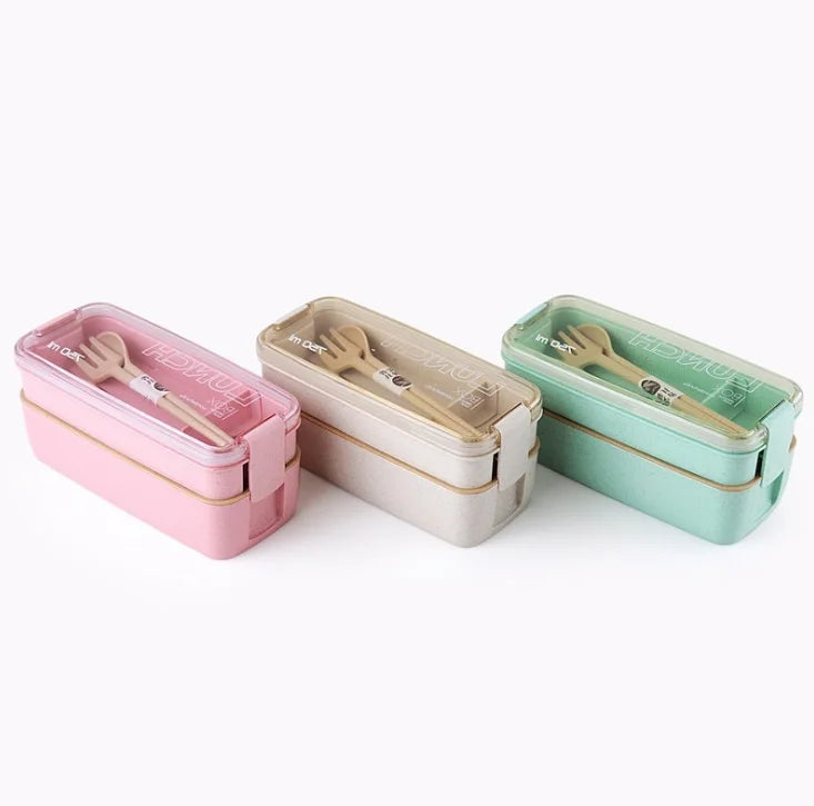 Microwave Safe Biodegradable Compartments Double Layer Wheat Straw Wheat Fiber Lunch Box with Cutlery