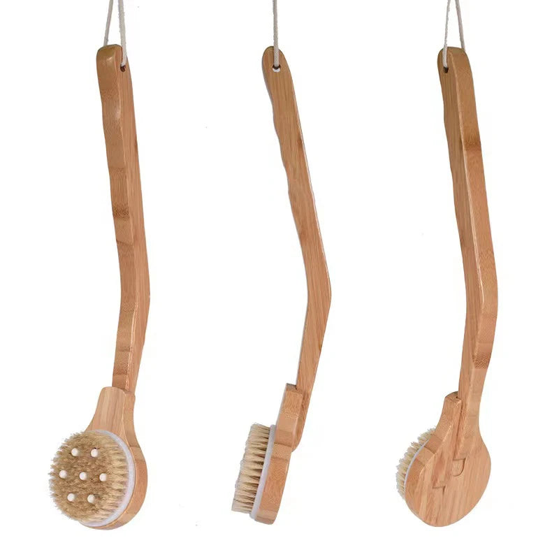 Customized Curved Bath Dry Brush with Bamboo Wood Wooden Detachable Long Handle Boar Sisal Bristle for Wet Body Cleaning Scrub