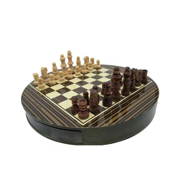 Wholesale 4.6cm King Height Chess Set Game Round Wooden Chess Board with Wood Drawer for Table Games
