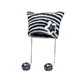 5 Colors Stripe Caps Crochet Bucket Hats With Ears & Pom Pom Bucket Cat Ear Knit Hat Autumn Winter Warm Crochet Beanie Cap