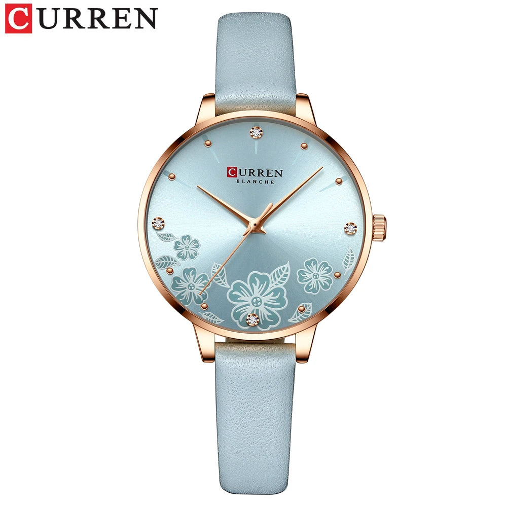 CURREN 9068 Watches Women Brand Leather Quartz Wristwatches Luxury Design Clock for Ladies Charm Flowers Dial Montre Femme