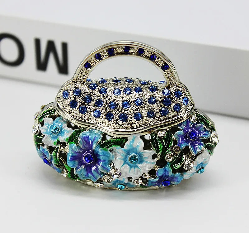 SHINNYGIFTS Enamel Trinket Box Handbag-Shaped Flower Design Pewter Metal Jewelry Gift Box for Weddings Souvenirs Wholesale