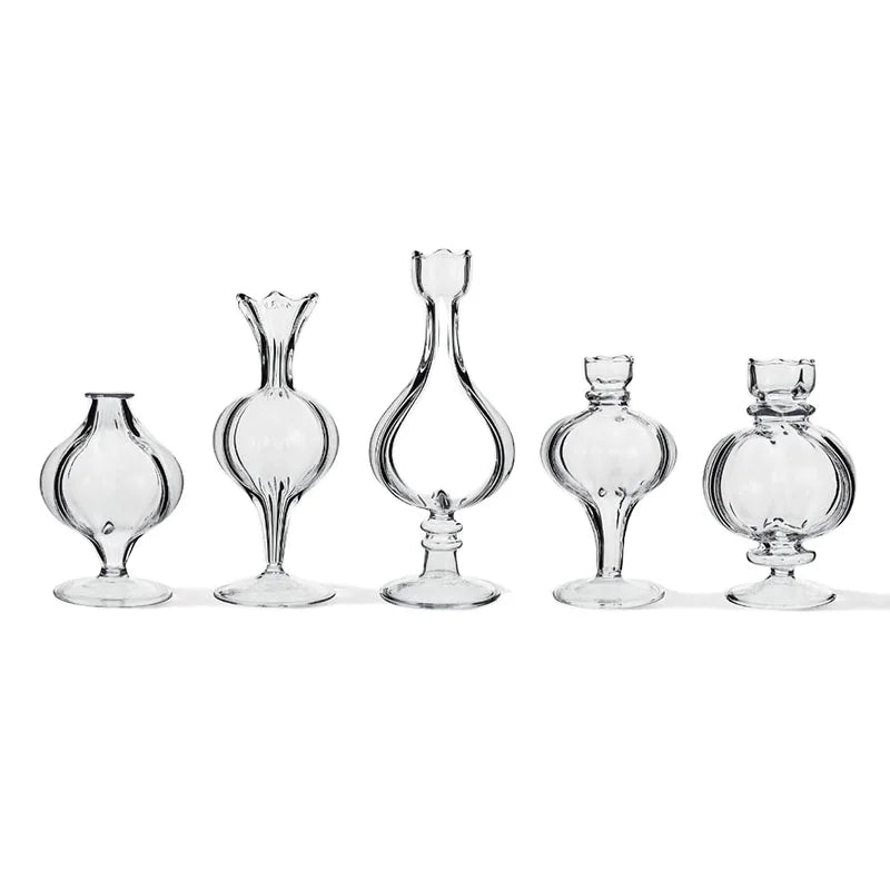 Small Vintage Style Glass Bud Vase Classic Round Terrarium with Ribbed Line Mini Hotel & Wedding Home Decor