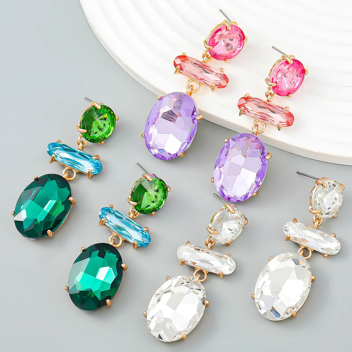 European and American Fashion Colored Green Diamond Earrings Alloy Glass Diamond Multilayer Geometric Pendant Earrings Female