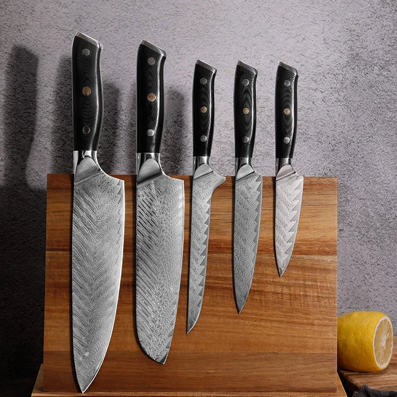 Professional Japanese Damascus Steel Chef Knife Set with G10 Handle & Rivet Kitchen Knives Made From Durable Metal