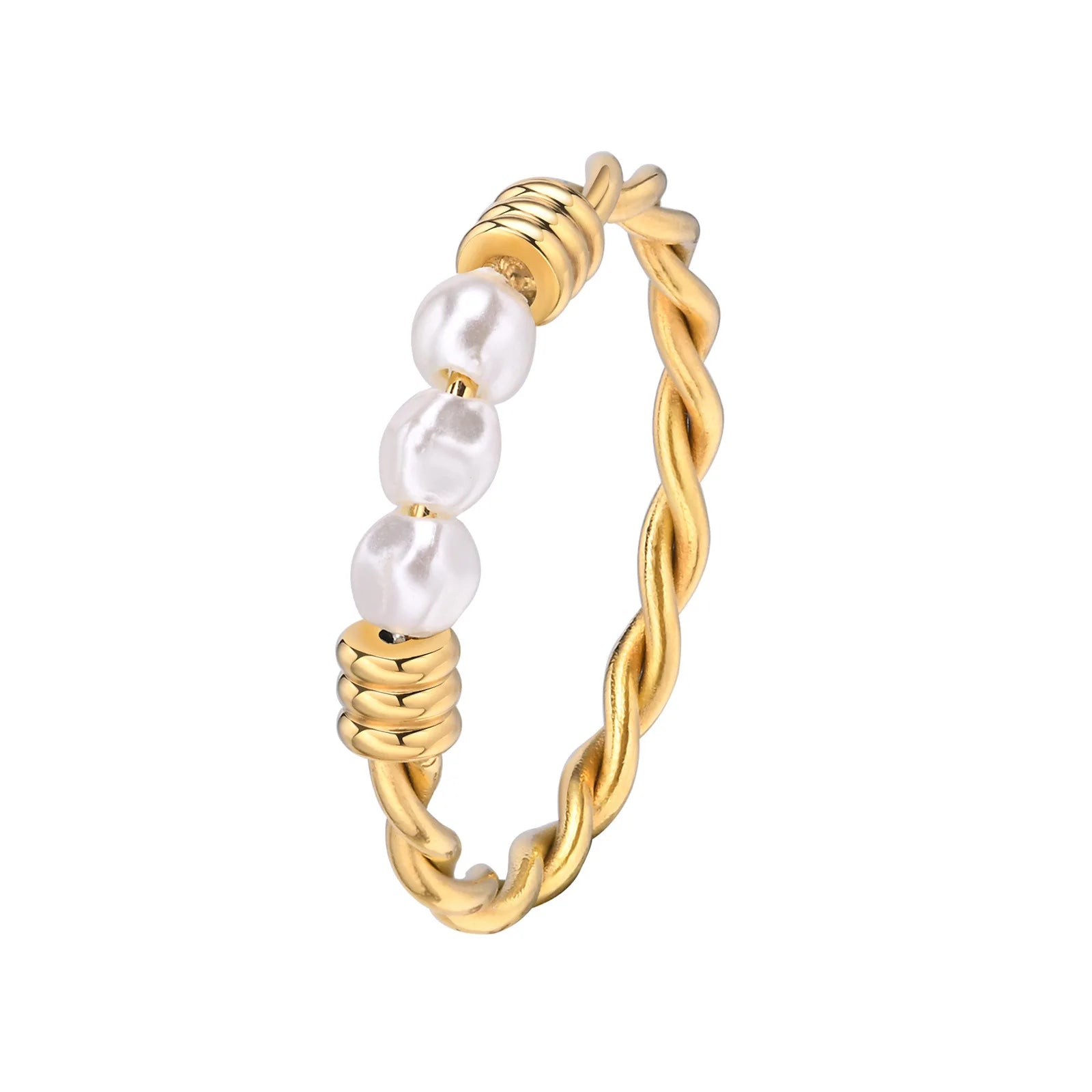 European and American Wholesale Stainless Steel Irregular French Simple Imitation Pearl Twist Fashion Exquisite Ring 18K Gold