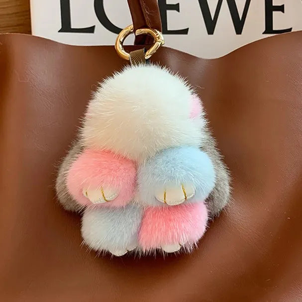 2026 New 8cm Mini Real Mink Fur Cute Plush Bunny Rabbit Keychain Ladys Girls Bag Car Key Keyring Pompon Pendant Accessories