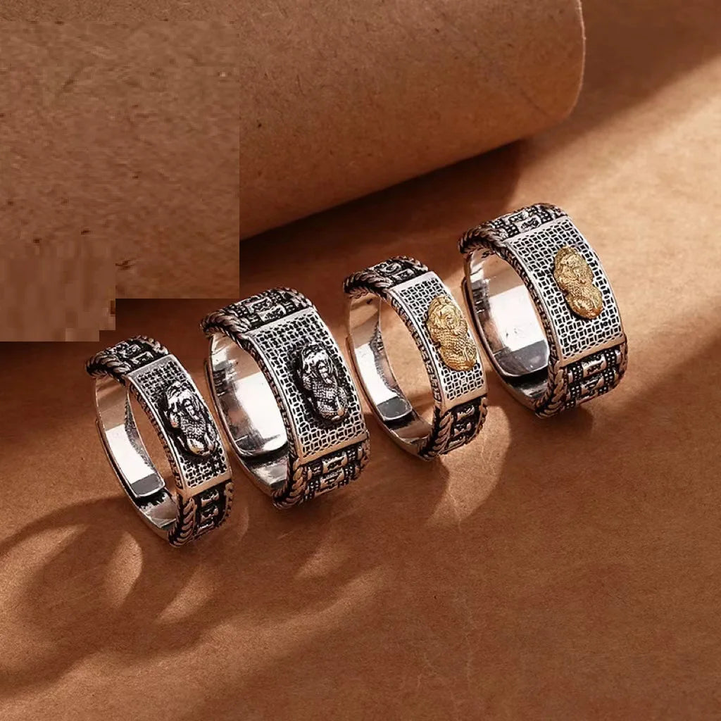 New Men Feng Shui Amulet Wealth Ring Lucky Open Adjustable Ring China Traditional Culture Pixiu Ring for Women Men