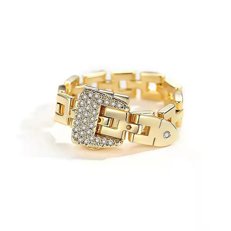 G924 Micro-inlaid Zircon Ring Luxury Jewelry Personalized Chain Belt Buckle Adjustable Band Zipper Rings