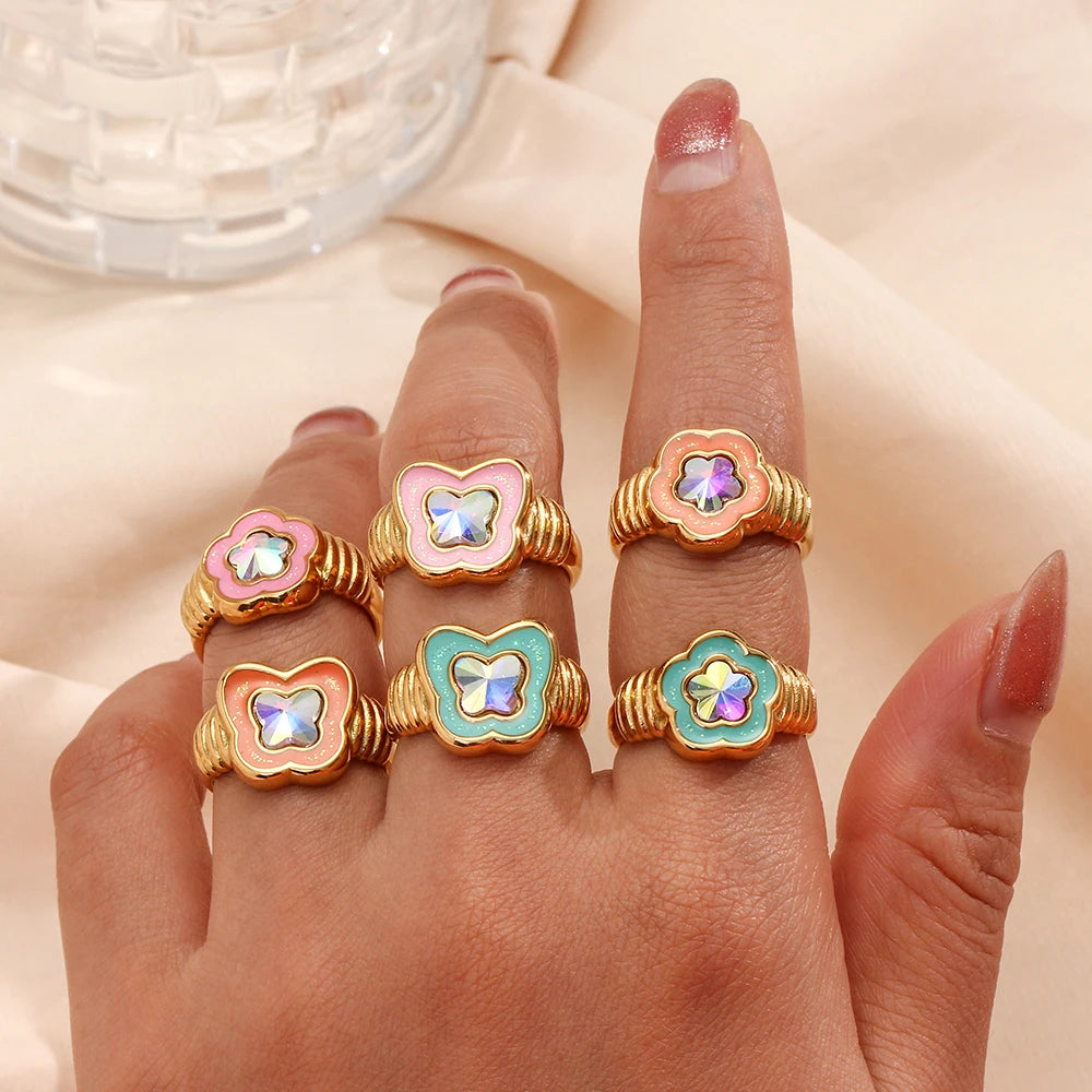 Trendy 2023 Fashion Jewelry Women Ring Stainless Steel Cute with Lovely Y2K Butterfly Flower Design Bling Bling Zircon Acrylic