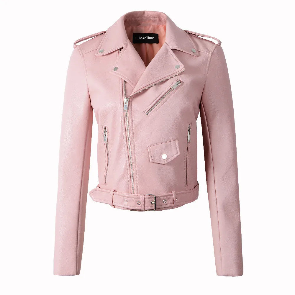 S-3XL New Women's Leather Wash PU Leather Oblique Zipper Motorcycle Leather Short Coat Handsome Coat