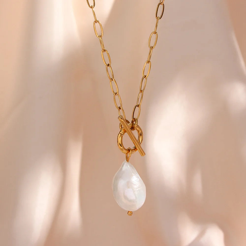 Wholesale Stainless Steel Gold Paperclip Chain Necklace for Women Baroque Freshwater Pearl Choker Irregular Shape Trendy Wedding