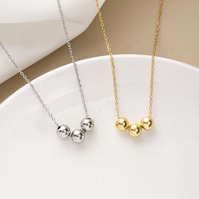 Fashion Jewelry 925 Sterling Silver Bead Necklace Three Round Beads Golden Balls Charms Gold Plated Necklaces for Women