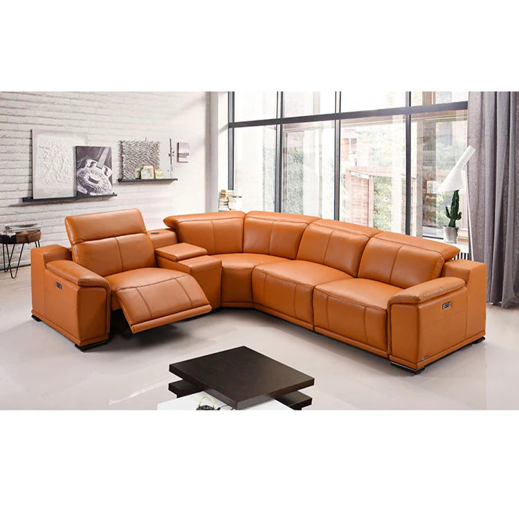 Smart Home Genuine Leather Upholstery Electric L Shape Corner Recliner Leather Sofa Set Furniture Living Room with Console Table