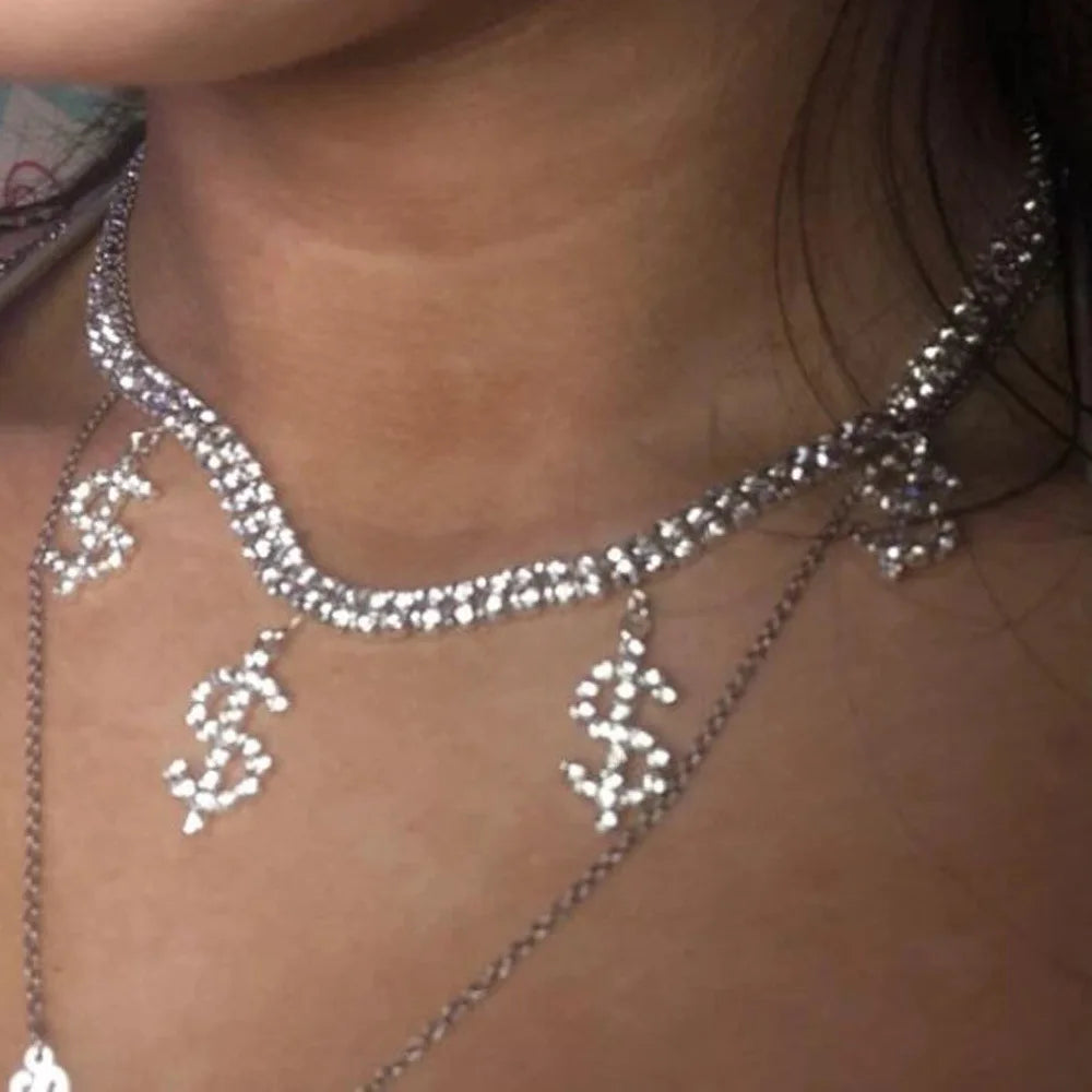Hips Hops White Gold Plated Sparkling Double Rows Diamond Choker Necklace Dollar Sign Pendant Crystal Necklace