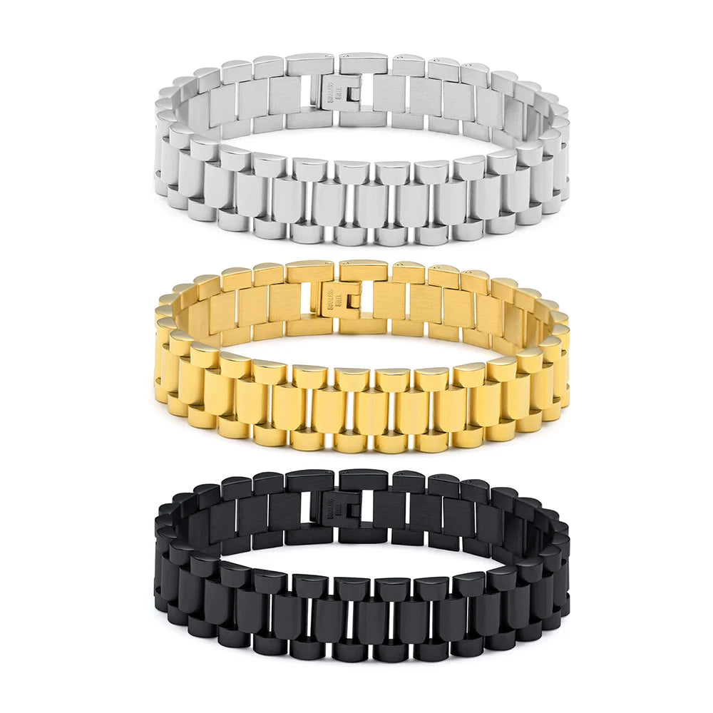 Sophisticated Black Stainless Steel Watch Belt Strip Bracelet for Mens Fashion Style