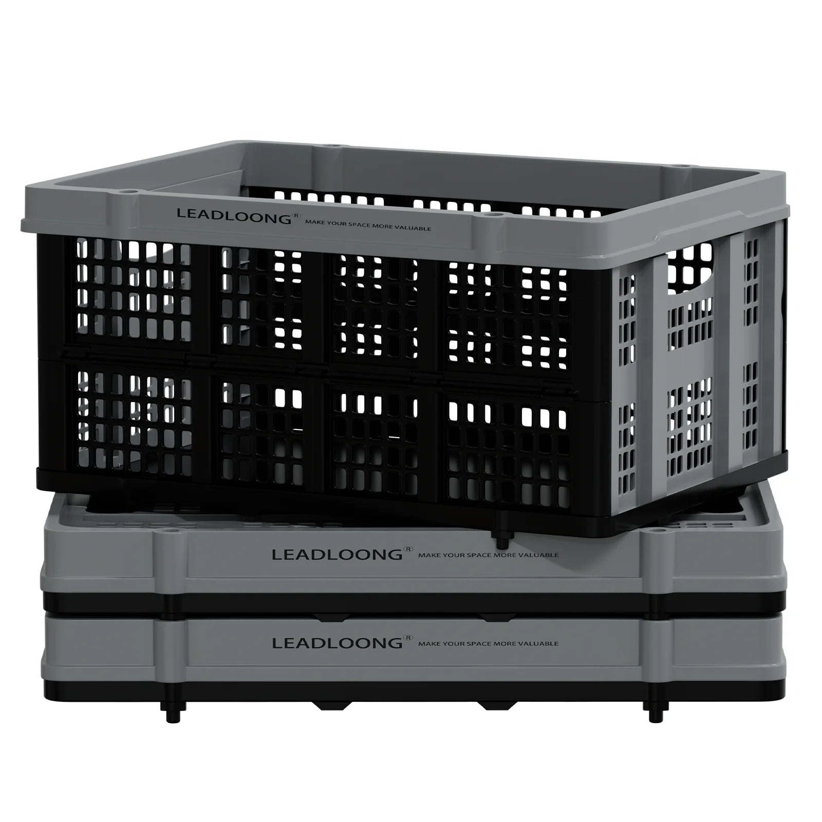 LEADLOONG 2/4Pcs Plastic Folding Storage Baskets 56*40*27.3cm/22*15.7*10.7inch Foldable Stackable Garage Use