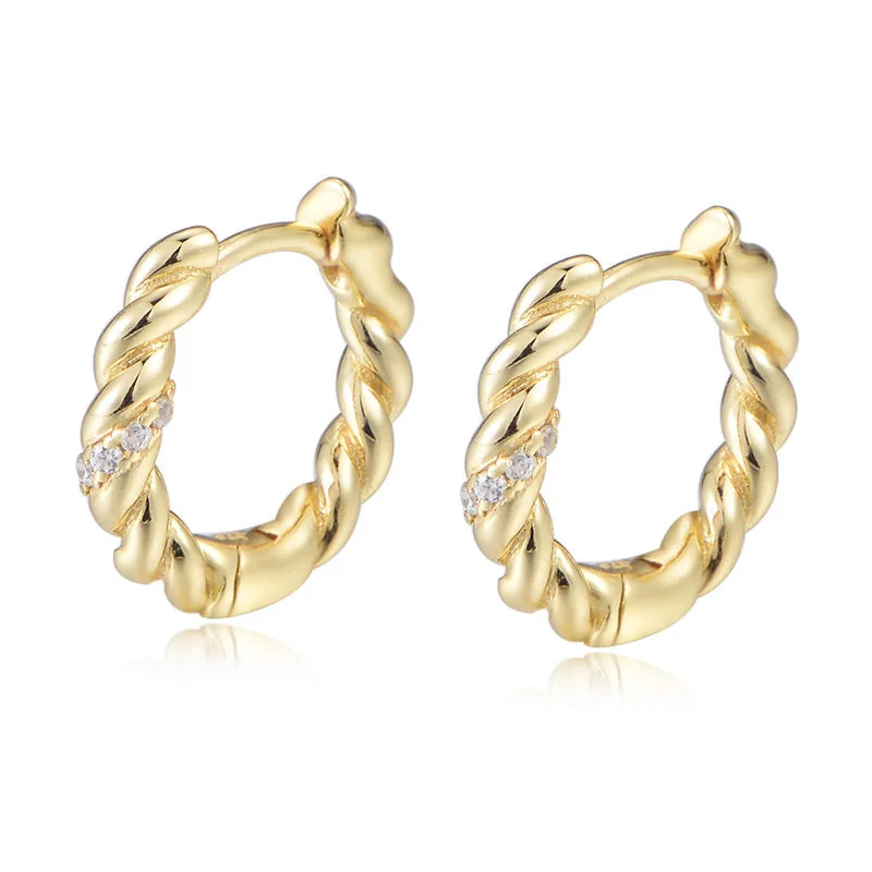 FuLsun Minimalist S925 Sterling Silver Twist Hoop Earring Setting Cz Diamond 14k Gold Plated Fine Jewelry Huggie Earrings