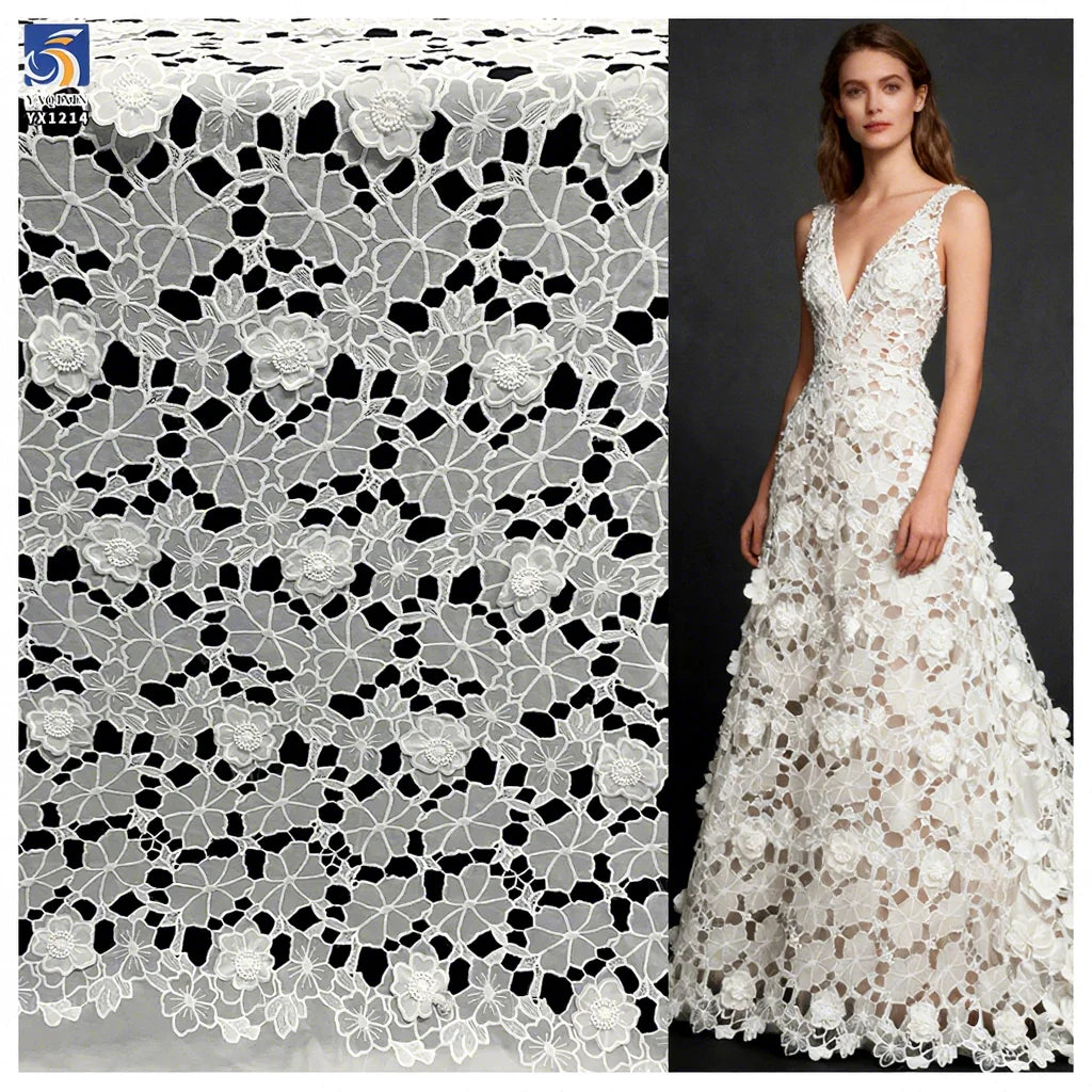 YX1214 2 Yards 200gsm Polyester Milk Silk 3D Handmade Leaf Pattern Water-Soluble Embroidery Lace Fabrics 2026 New Fashion MegaBDM