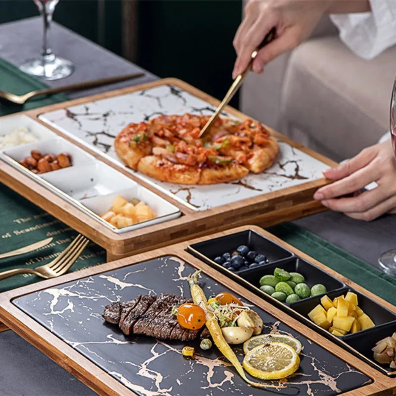 Nordic square Ceramic Tableware Pizza Snack Plate Modern Gold Marble Plate With Grid Steak Plate for Home Hotel Restaurant
