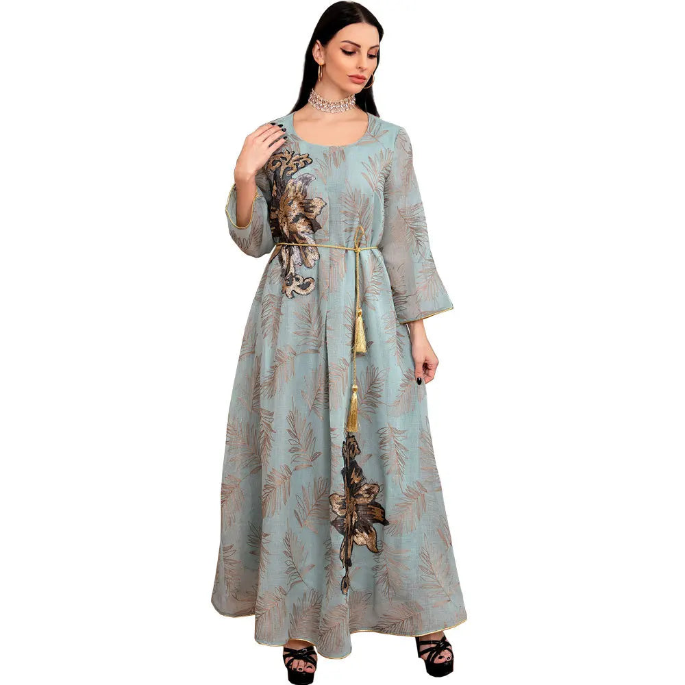 Hot Selling Western Women Sequins Dress Middle East Fashion Abaya Dubai Temperament Embroidered Arabian Dress Turkey Abaya