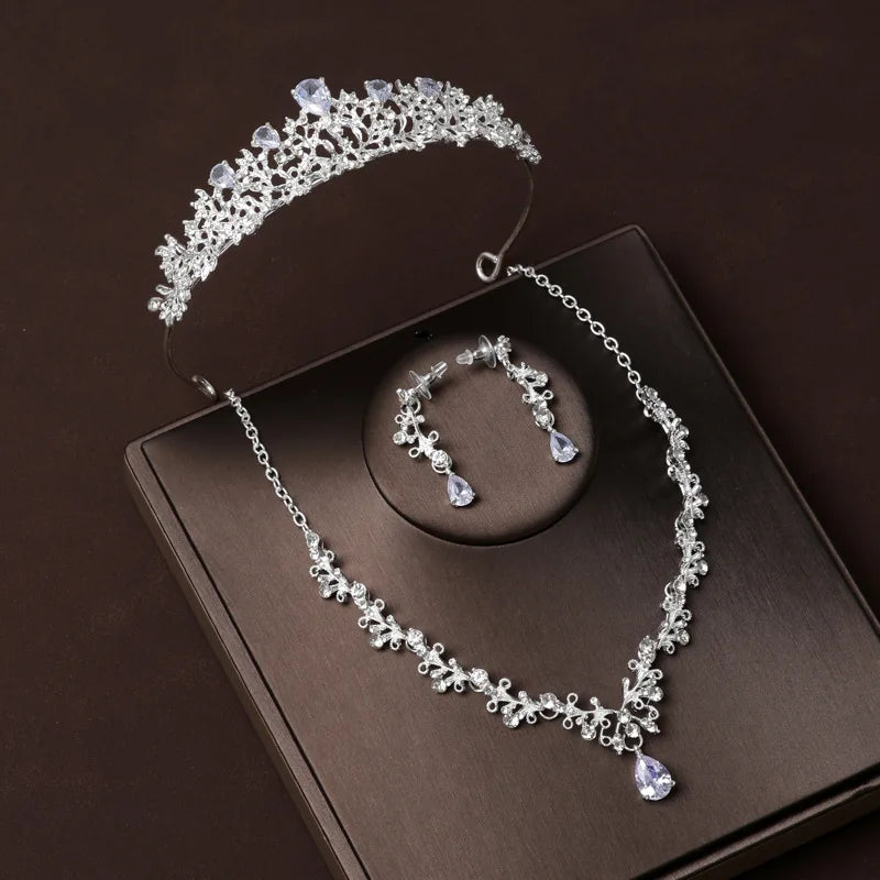 Three-Piece Set Wedding Hair Accessories Earrings and Necklaces for Women Zirconia Jewelry Set Bride Crown Jewelry