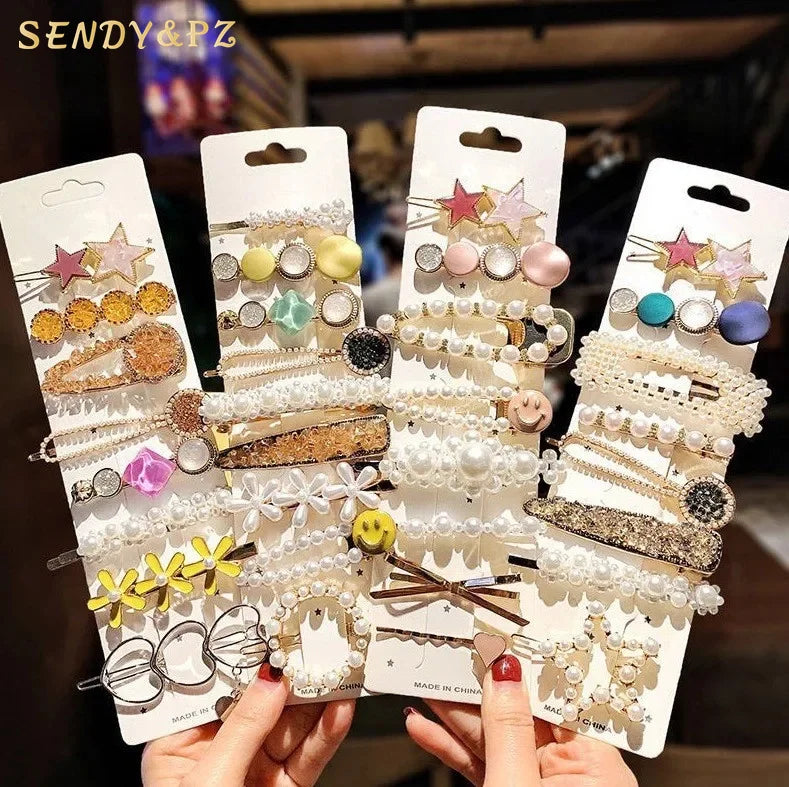 Fashion Accessories Metal Hairgrips Set Pearl Rhinestone Hairpin Multi Styles Bright Bling Sparkle Hair Clip Set for Women Girls