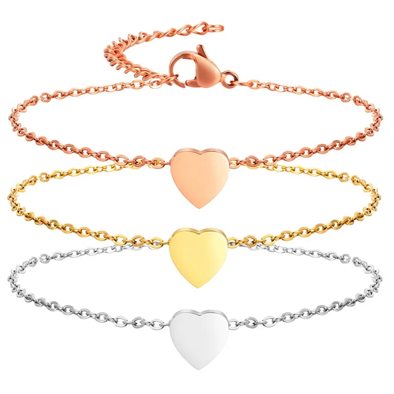 Fashion Non Tarnish Rose Silver 18K Real Gold PVD Plating Fine 316L Stainless Steel Charm Tiny Heart Bracelet Jewelry for Women
