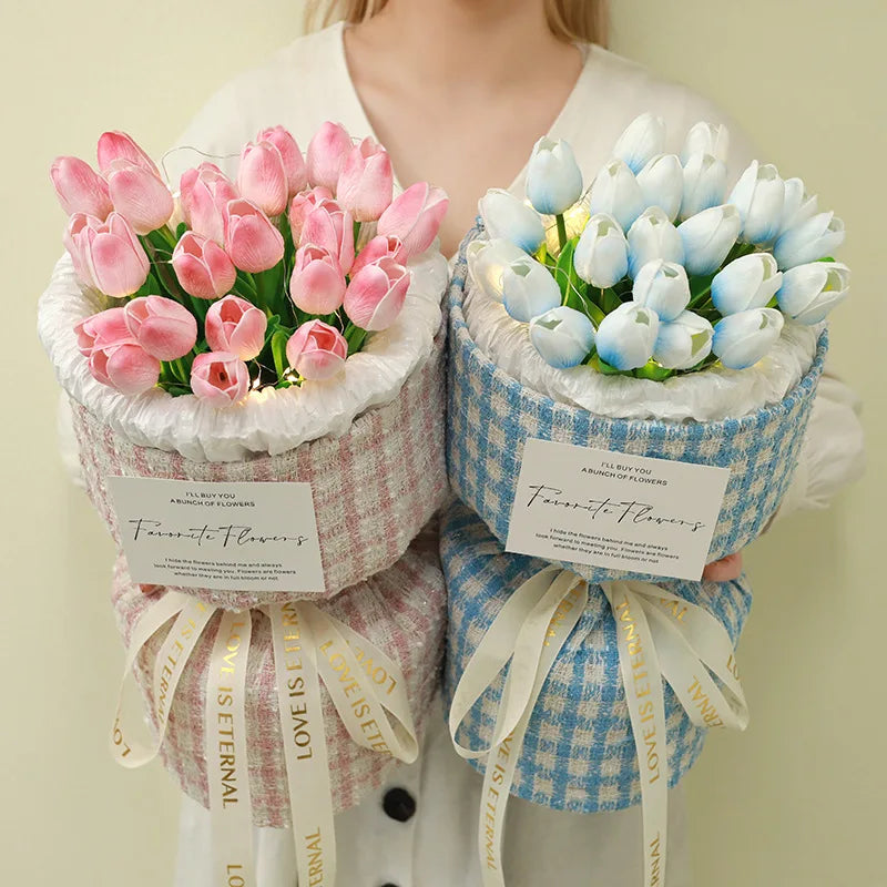 D83 Valentine's Day Gift With Blue Pink Tulip Flower Gift Box Artificial Flower Gift Box 21 Tulip Artificial Flowers