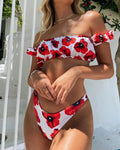 2022 Woman's Floral and Leopard Print Recycled Fabric Bikini Red Color Fifteen Swimwear 2-Piece Set with Front Logo