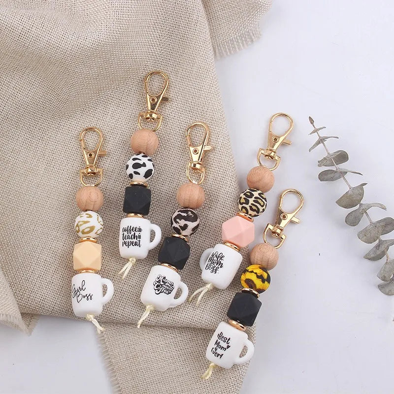 Mini Coffee Mug Inspired Silicone Beaded Keychain Doll Mama Teacher Key Ring Holder Car Bag Purse Charm Wristlet Accessory