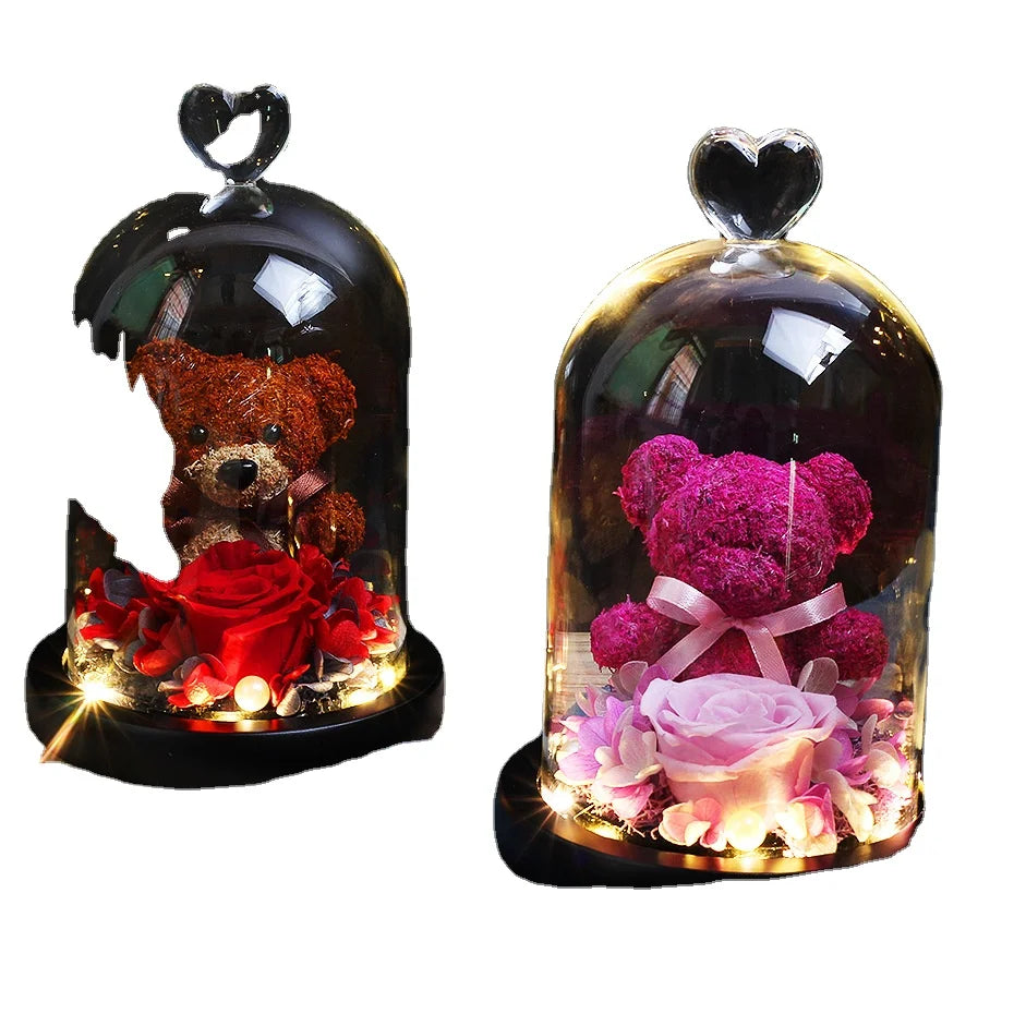 Christmas Day Gift Handmade Preserved Roses Flower Bear Led Light Glass for Mothers Day
