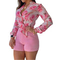 New Women Sets Women 's Suit V Neck Long Sleeved Floral Printed  Blouse Shirt Shorts Two Piece Sets