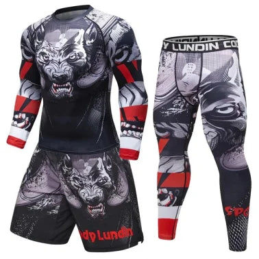 Wholesale OEM Men's Surf Printed Compression Shirt Shorts MMA Rash Guard Set