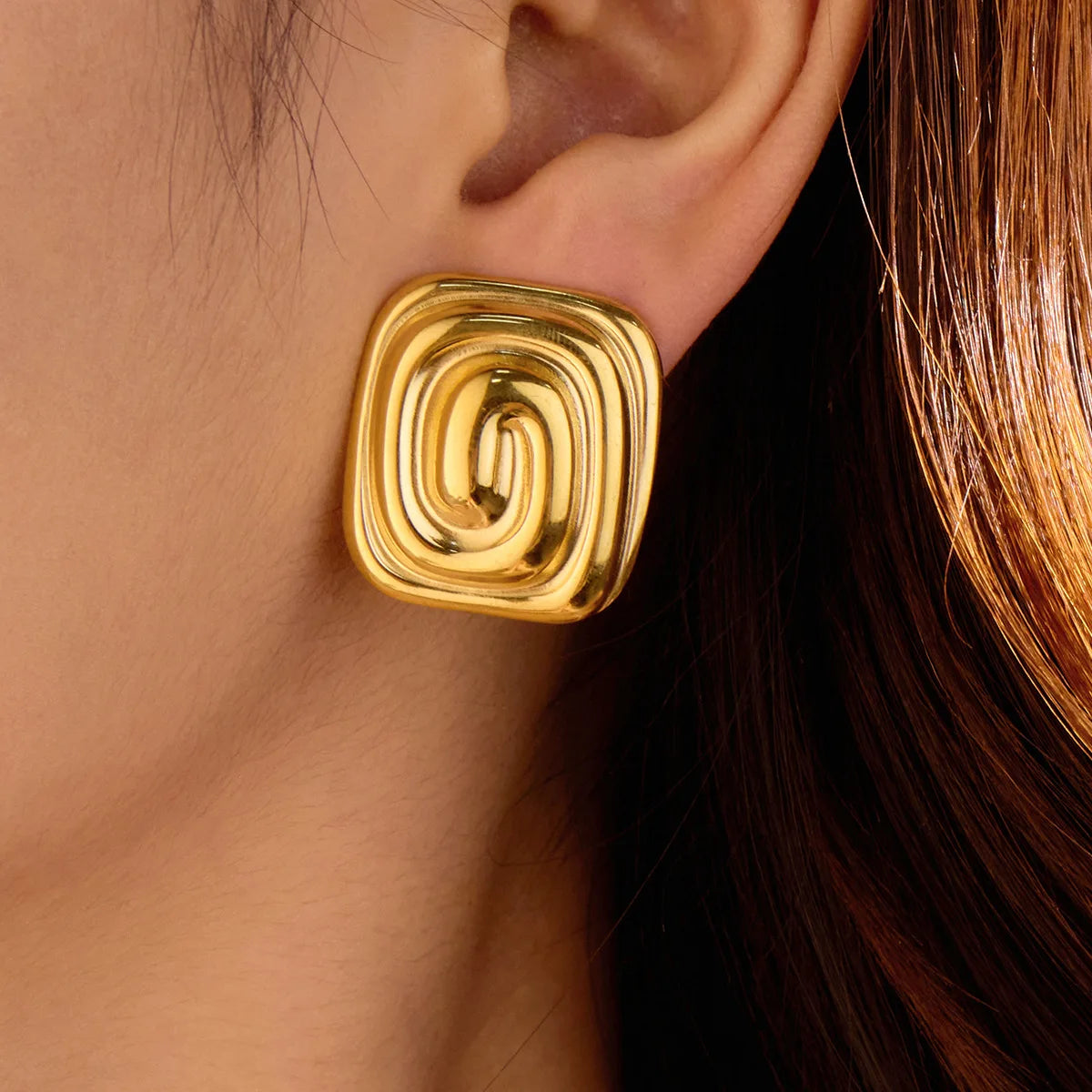 YF6089 Waterproof Stainless Steel Jewelry 18k Gold Plated Rectangular Spiral Texture Earrings Non Tarnish