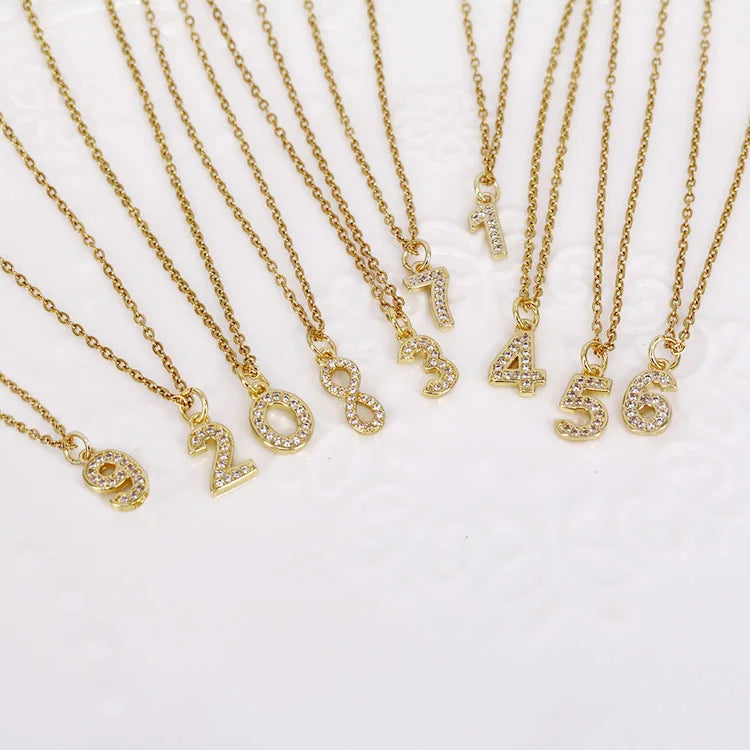 NZ1358 Fashion Dainty Mini 18k Gold Plated Cz Micro Pave Arabic Number Digits Charm Women Chain Ladies Necklace