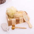 Promotional 6Pcs Spa Bath Beauty Gift Set Wooden Bath Set Including Hair Brush Pumice Stone Bath Pouf Sisal Sponge & Massager